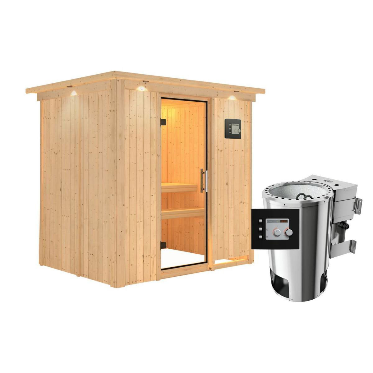 Karibu Sauna Fanja Fronteinstieg 3,6 kW Bio Ofen externe Strg modern mit Kranz Klarglas-Tür Bild 1
