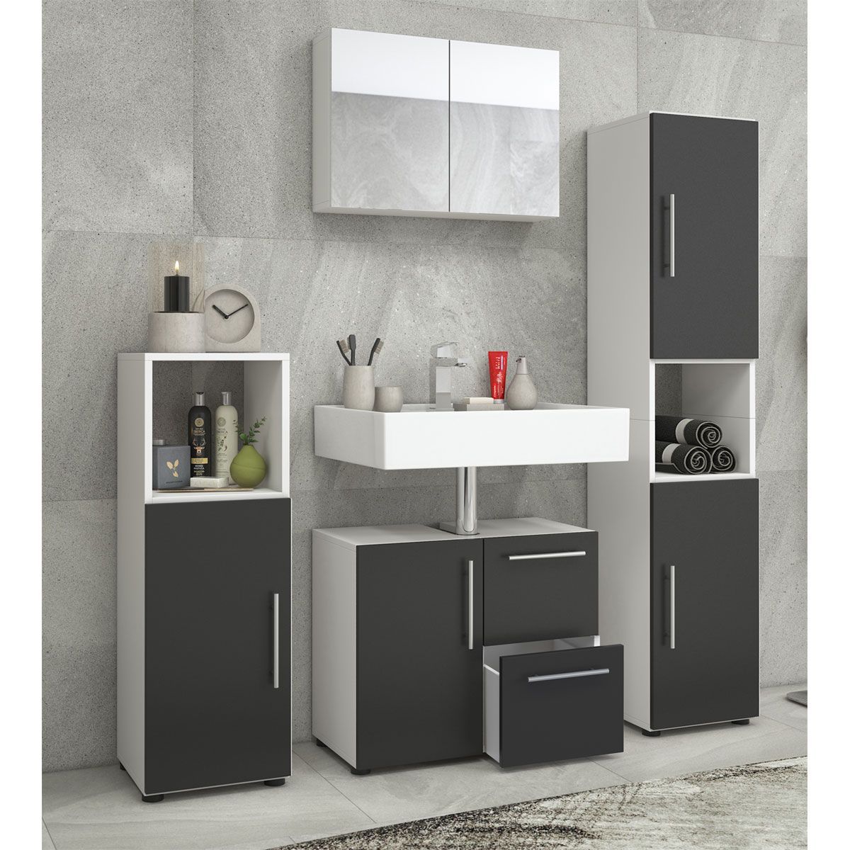 Badset Flandu mit Spiegelschrank weiß/schwarz Bild 2