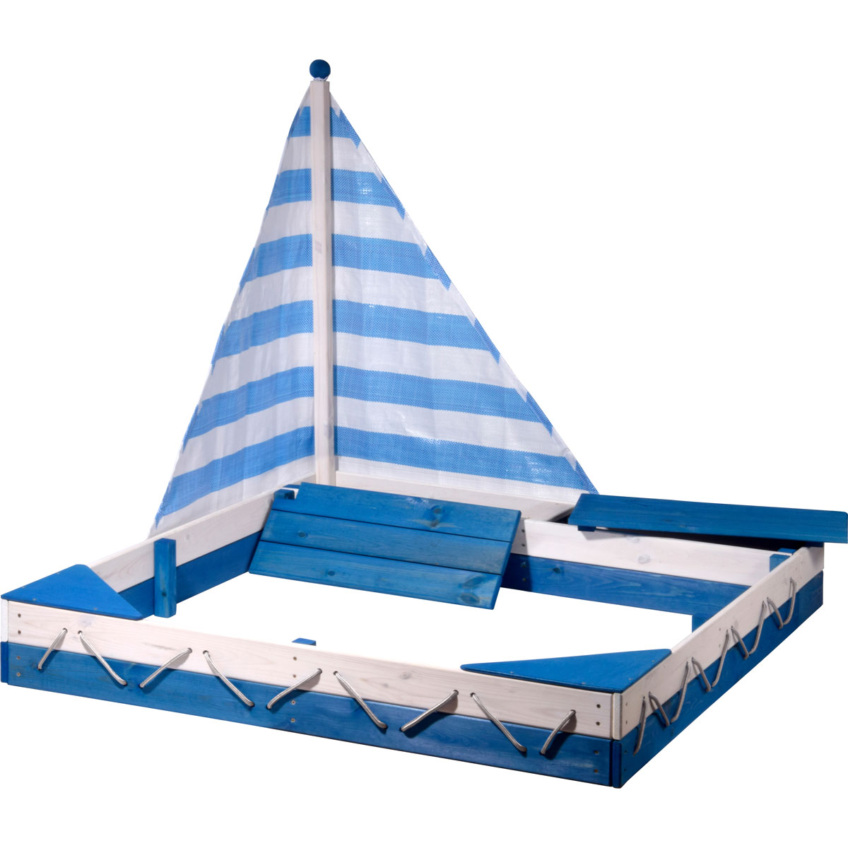 Sandkasten „Maritim“ mit Segel, 138,5x124x115,5 cm, weiß/ blau