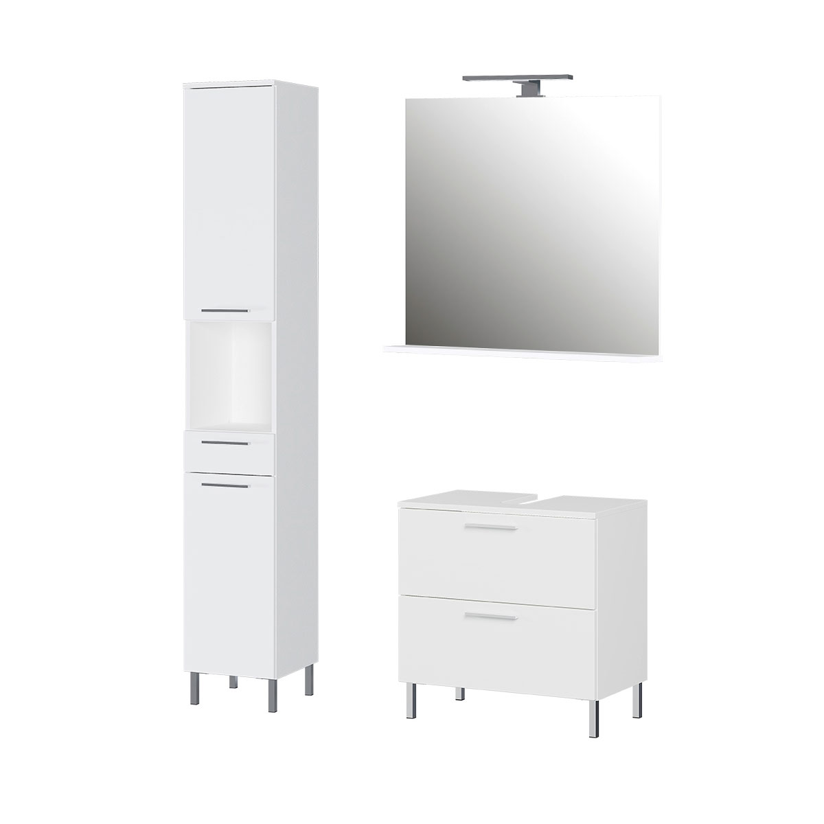 Badmöbel-Set 4 weiß 3- teilig inkl Waschbeckenunterschrank Spiegel und  Hochschrank Supermatt | K000065125