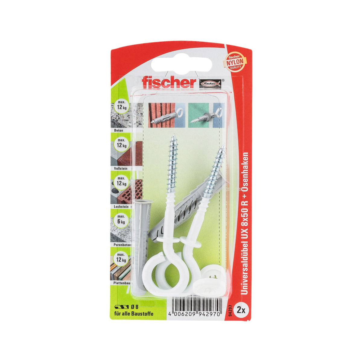 Fischer  Universaldübel UX 8 x 50 mm mit Ösenhaken nylonbeschichtet 2 Stück