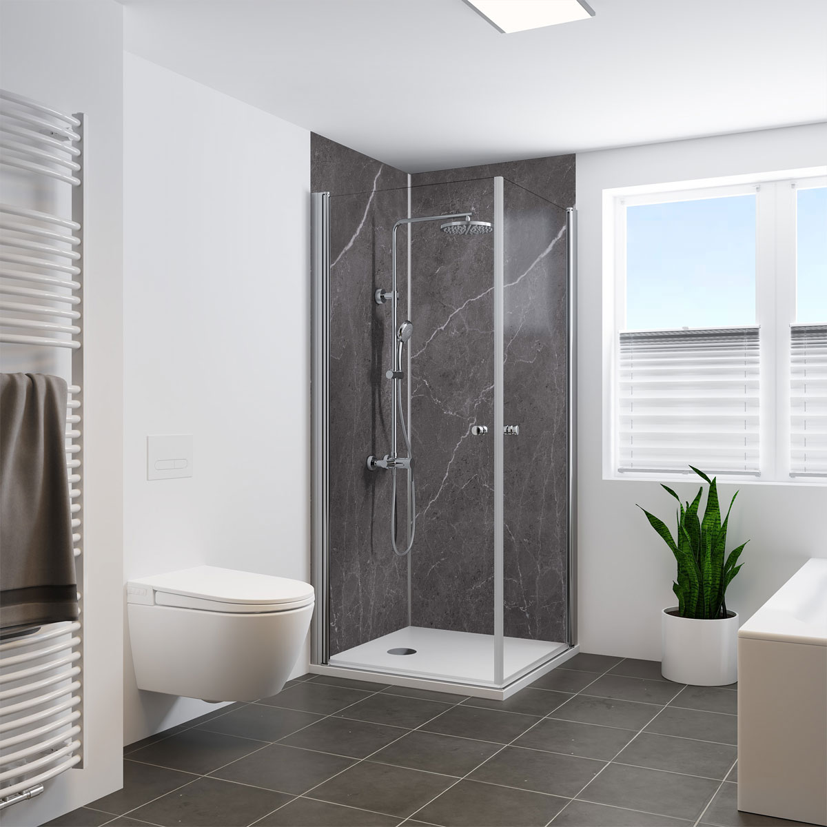 Panorama Duschwand Marmor anthrazit-weiss 100 x 255 cm