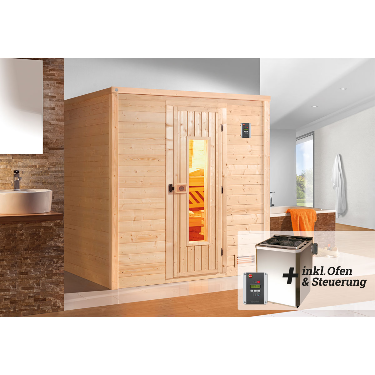 Weka  Premium Massivholz-Sauna Bergen Größe 1.8 Sparset 7,5 kW Bio S Bild 2