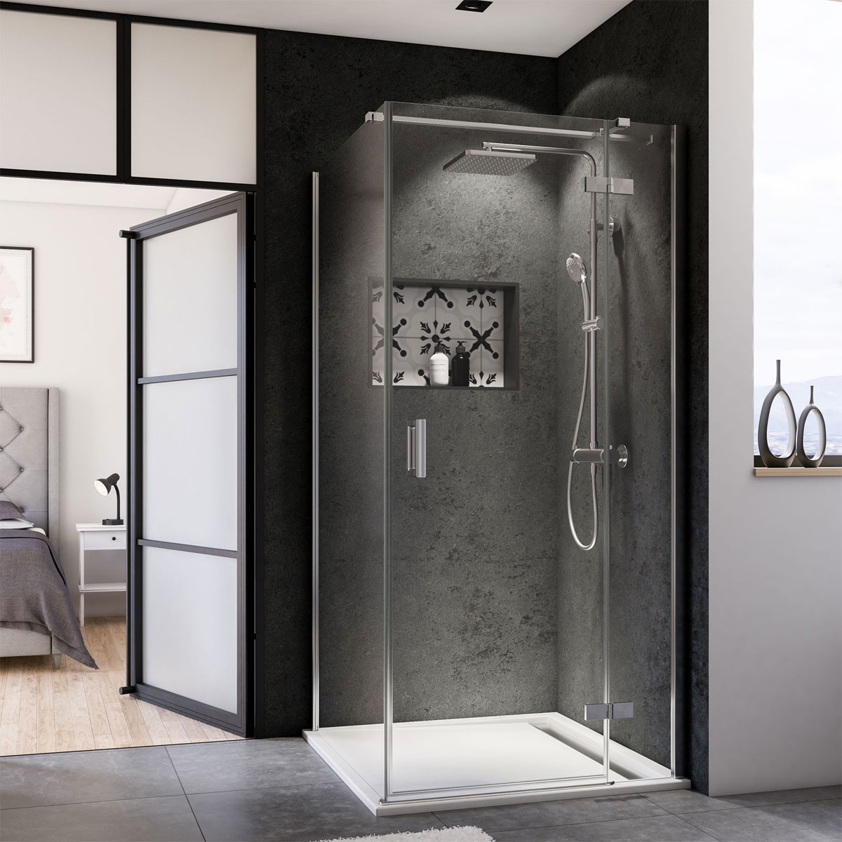 Breuer  Drehtür mit Festteil Panorama für Seitenwand Anschlag rechts alu chromeffekt grau getönt 900 mm Bild 1