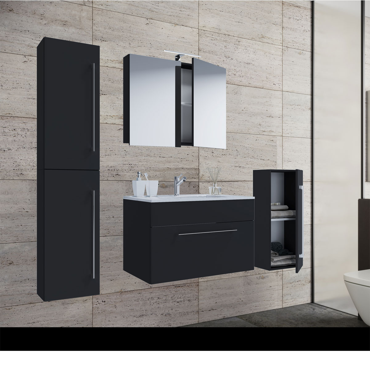 Waschplatz, 60 cm, 5-teiliges Set, 1 Schubfach, mit Spiegelschrank, schwarz