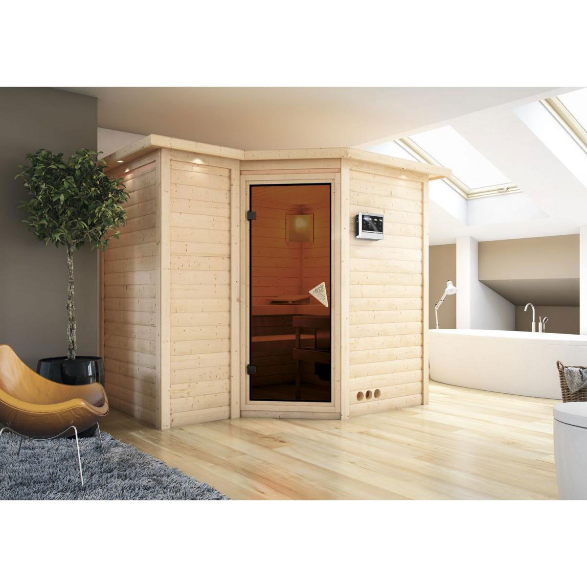 Karibu Massivholzsauna Sahib 2 40 mm ohne Ofen mit Dachkranz Bild 5