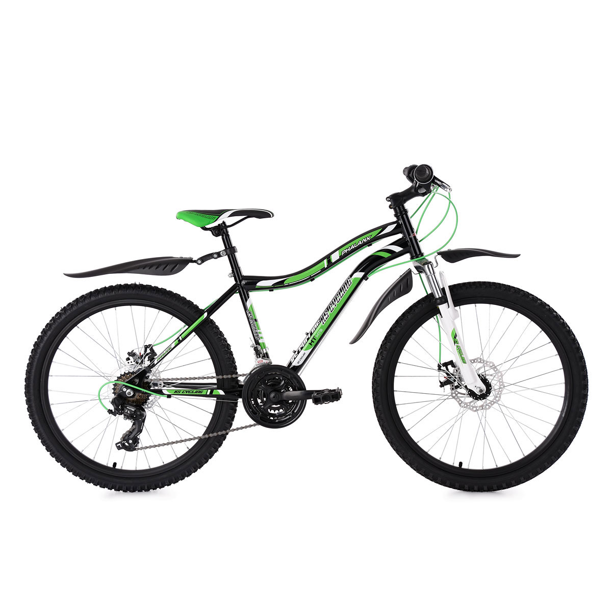 Mountainbike Hardtail 24'' Phalanx Kinder MTB schwarz-weiß-grün RH 38 cm 132K 