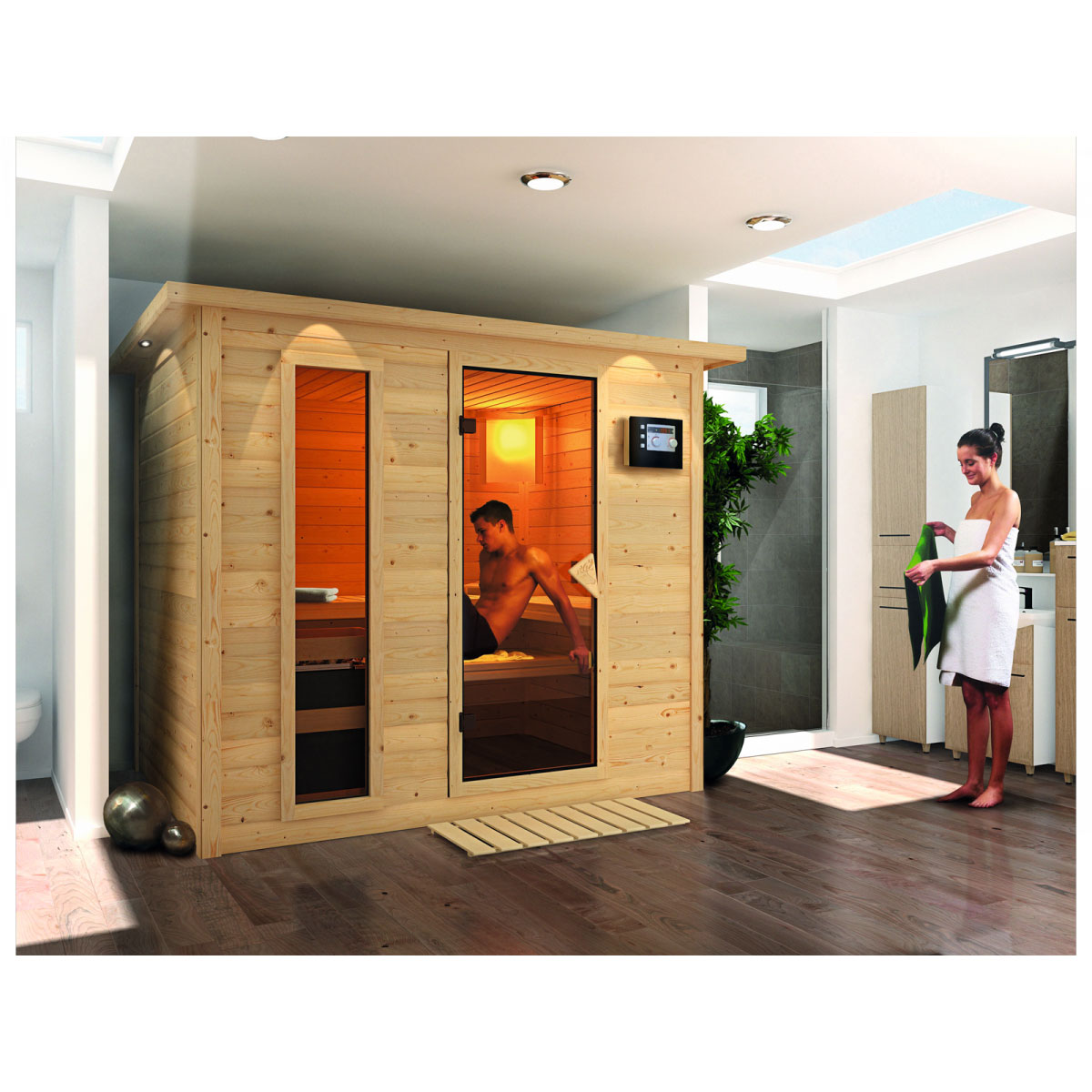 Karibu Massivholzsauna Sonara 3 40 mm 9 kW Ofen Bio externe Strg mit Kranz Bild 1