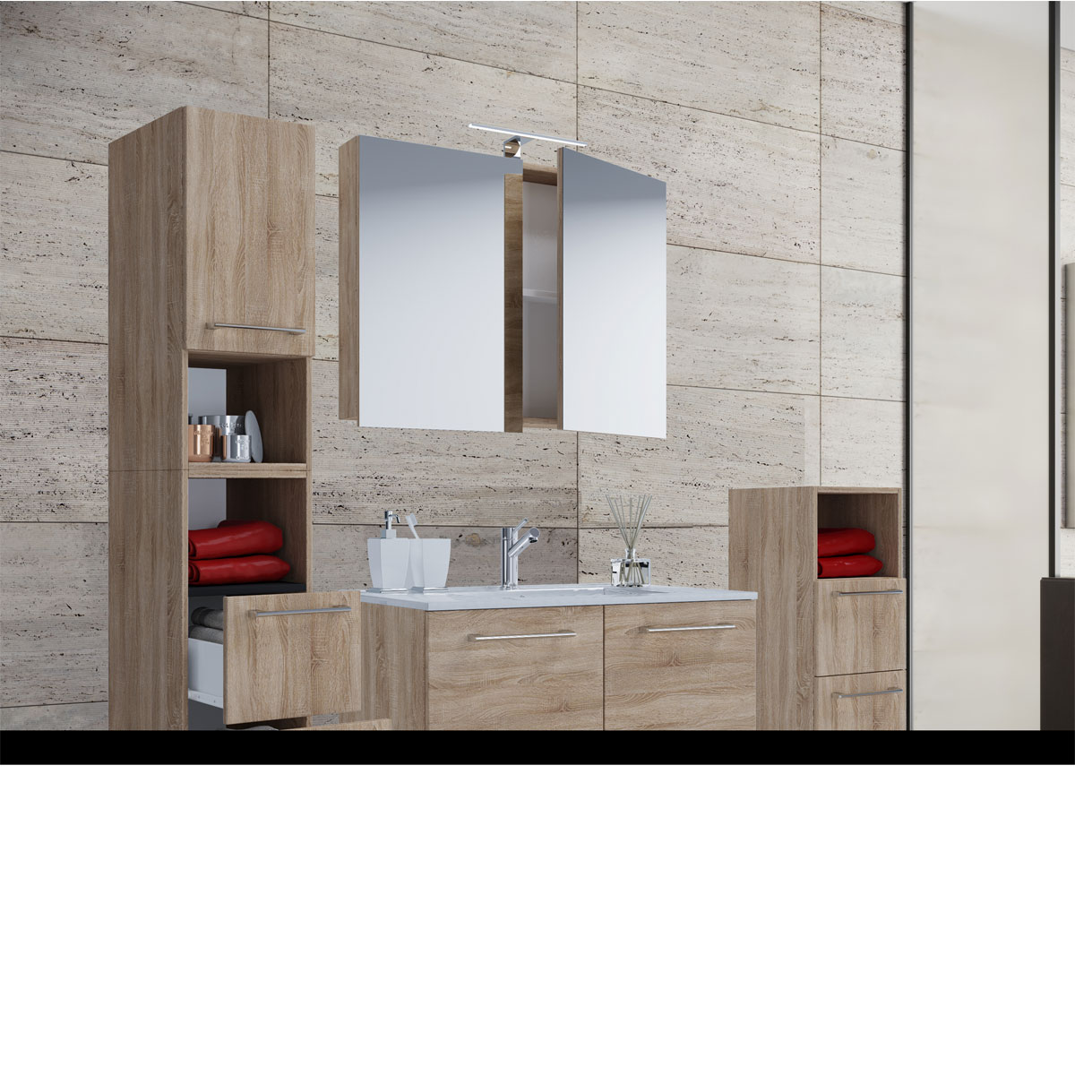 Stand-Waschplatz, 80 cm, 5-teiliges Set, 2 Türen, mit Spiegelschrank, Sonoma-Eiche