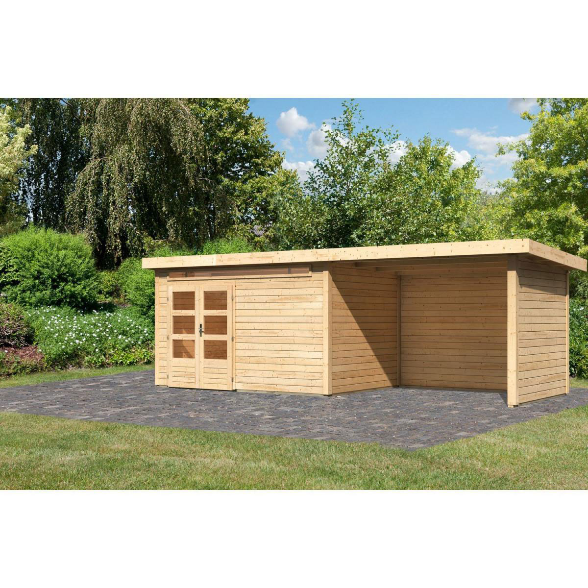 Karibu Gartenhaus-Set Kandem 7 mit Anbaudach 2,95 m mit Seiten- und Rückwand naturbelassen