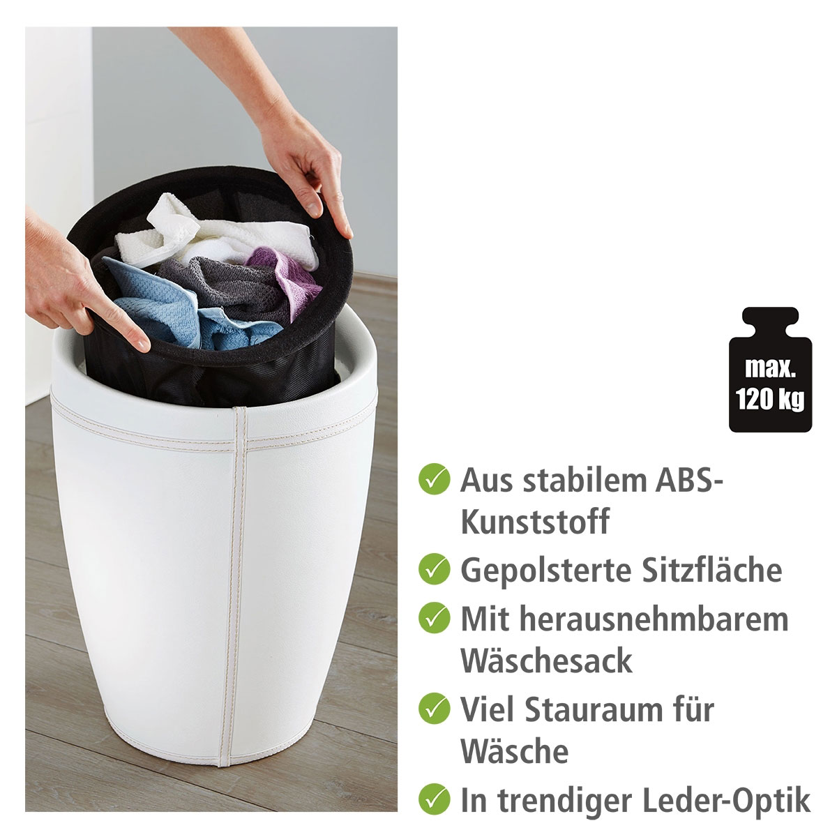 Wenko  Hocker Candy White in Lederoptik mit Wäschesack Badhocker mit abnehmbarem Wäschesammler Bild 2