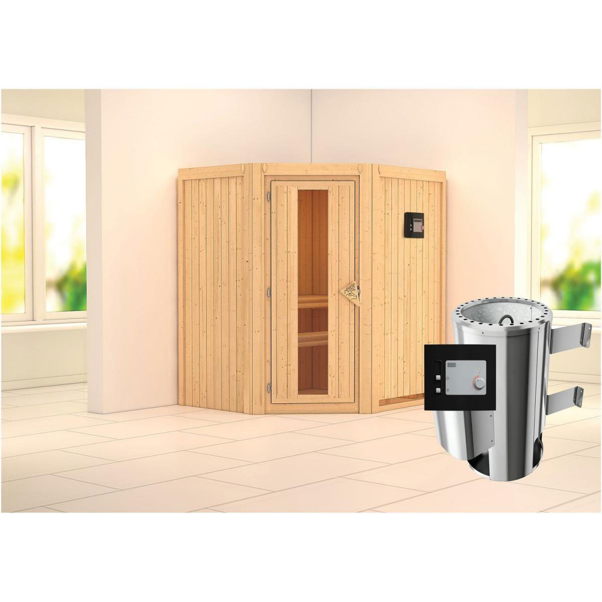 Karibu Sauna Tonja Eckeinstieg 3,6 kW Ofen externe Strg kein Kranz Klarglas-Tür Bild 6