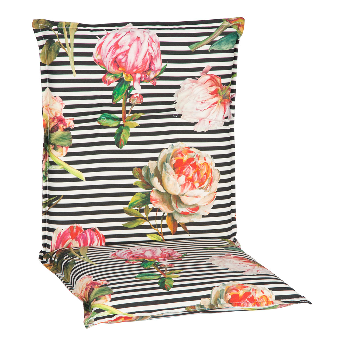 Saumauflage Toronto BE129 Niederlehner rosé/pinke Pfingstrosen auf schwarz-weißen Streifen