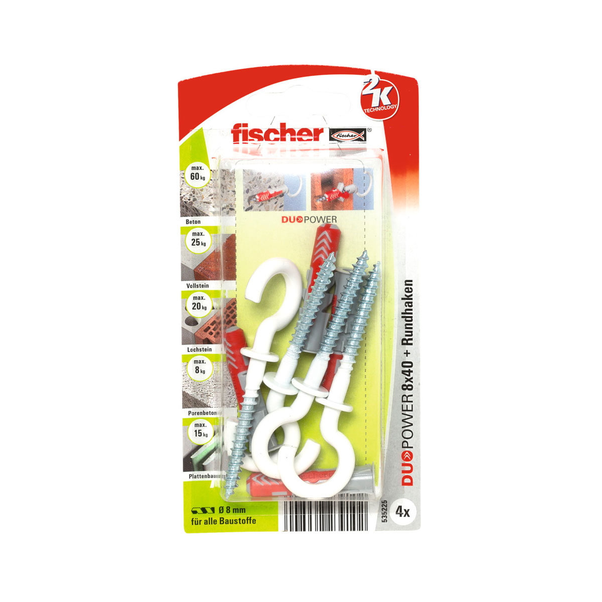 Fischer  Dübel DuoPower 8 x 40 mm mit Rundhaken nylonbeschichtet weiß 4 Stück