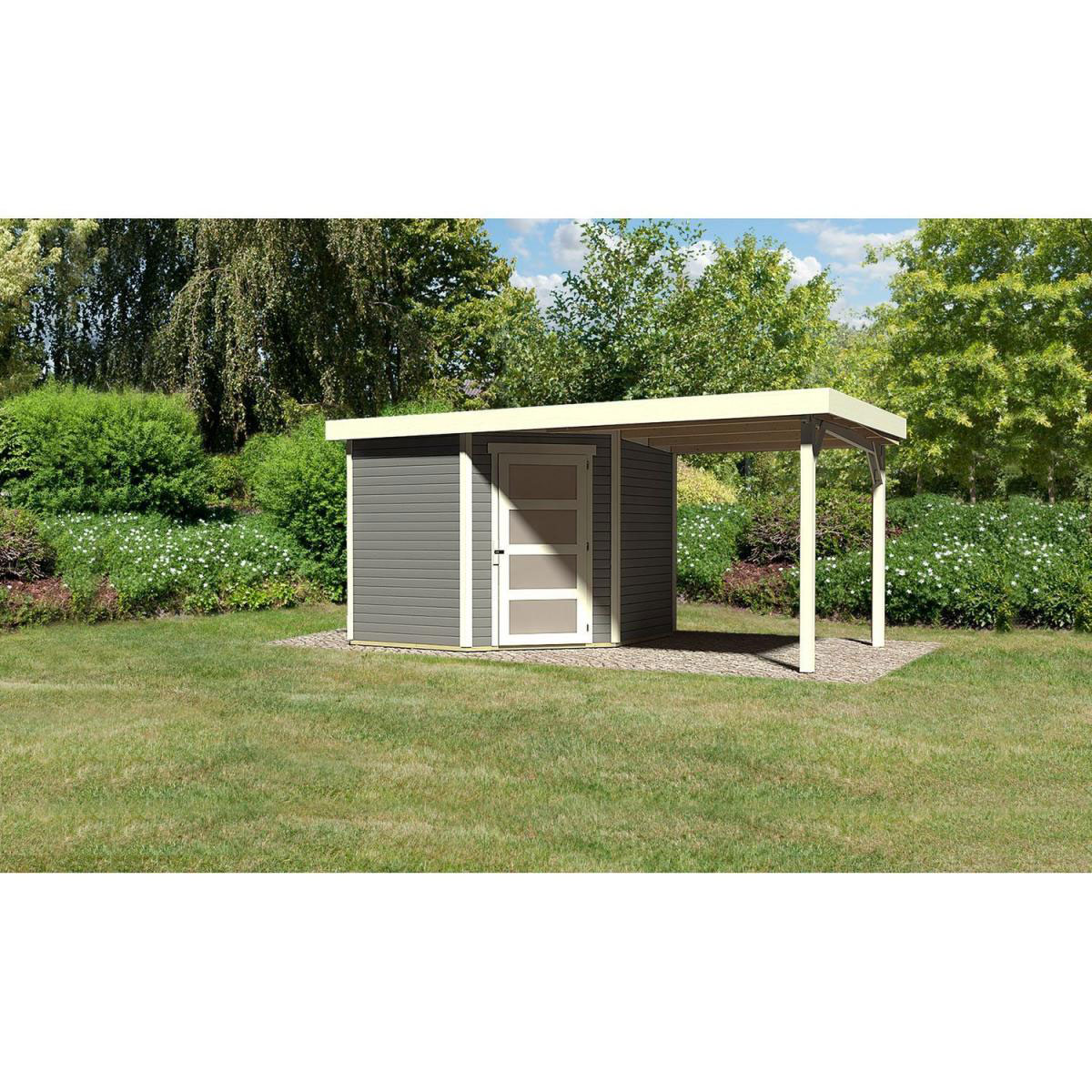 Karibu Gartenhaus Schwandorf 3/5 mit Anbaudach 220 cm 242 x 246 x 218 cm grau