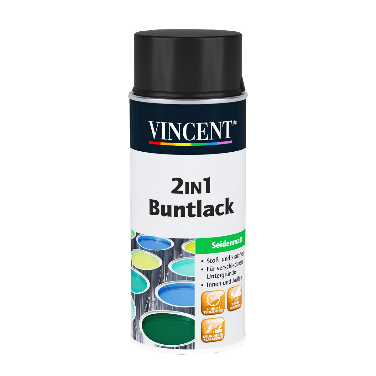 Vincent 2in1 Buntlack Spray Tiefschwarz Seidenmatt 0,4 L