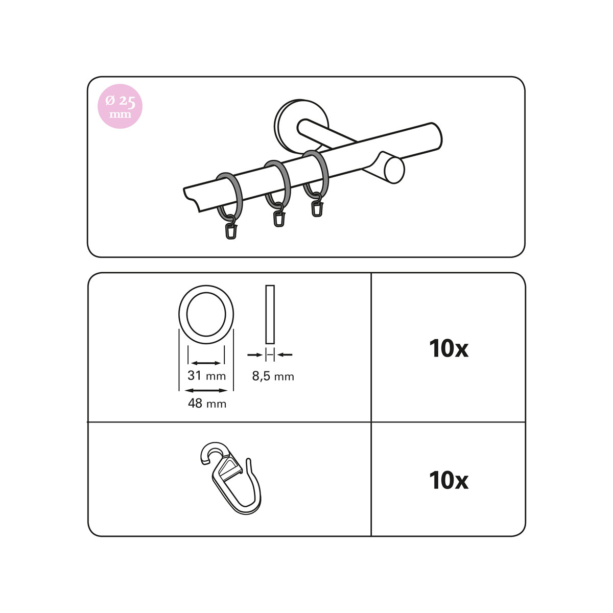 Gardinia Gardienenringe mit Faltenlegehaken für Durchmesser 25 mm kolonial-gebürstet Bild 3