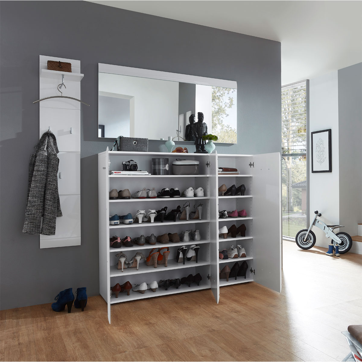 Schuhschrank Adison Fronten in Hochglanz mit Rillenfräsung 134 x 120 x 36 cm weiß Bild 4