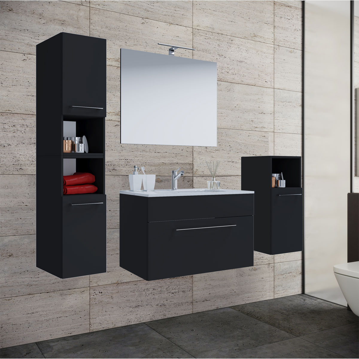 Waschplatz, 80 cm, 5-teiliges Set, 1 Schubfach, mit Spiegel, schwarz