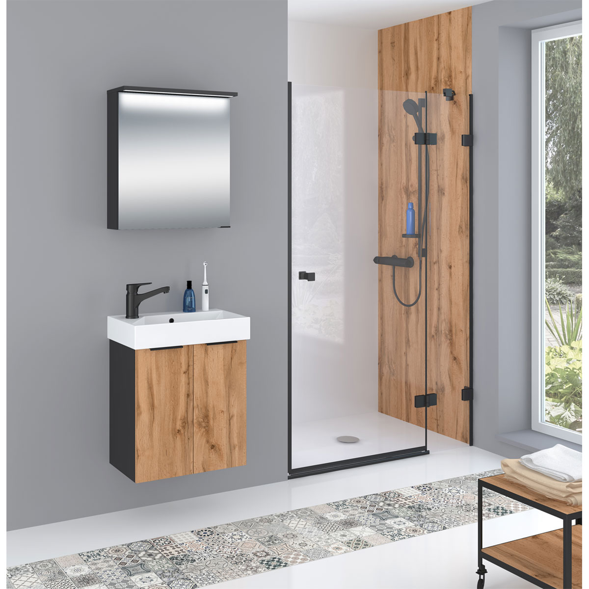 Waschbeckenunterschrank Mara, 55cm, Schwarz, 2 Türen, Soft-Close, inkl. Keramik-Becken Bild 3