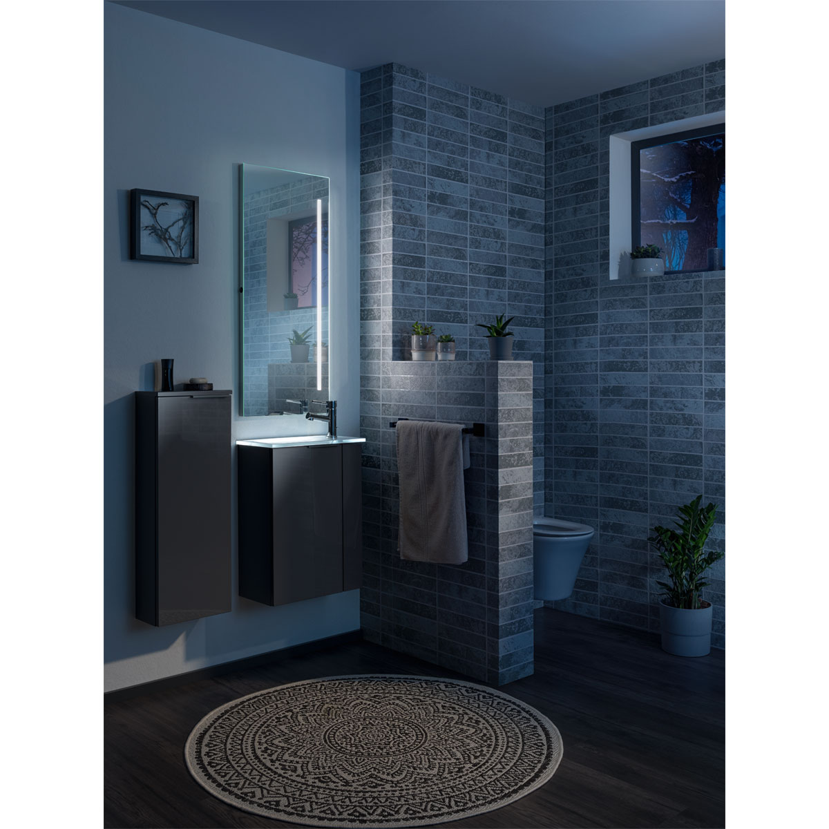 FACKELMANN Luna Gäste-WC Set 2-tlg. - Waschtischunterschrank Anthrazit Mit Glasbecken - 45cm Schmal