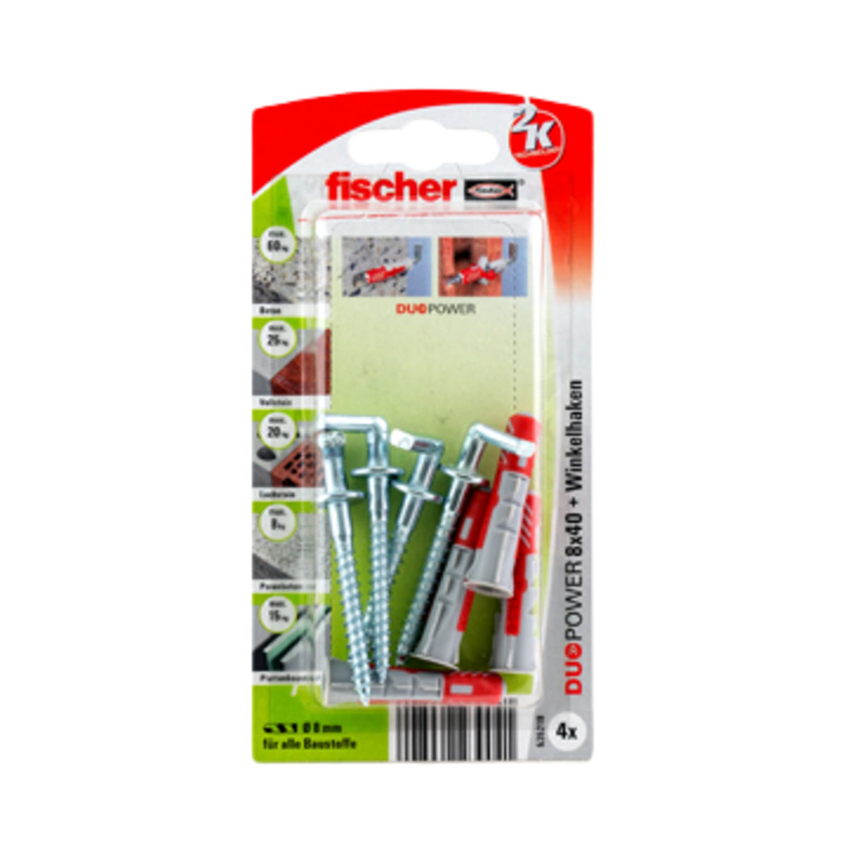 Fischer  Dübel DuoPower 8 x 40 mm mit Winkelhaken 4 Stück