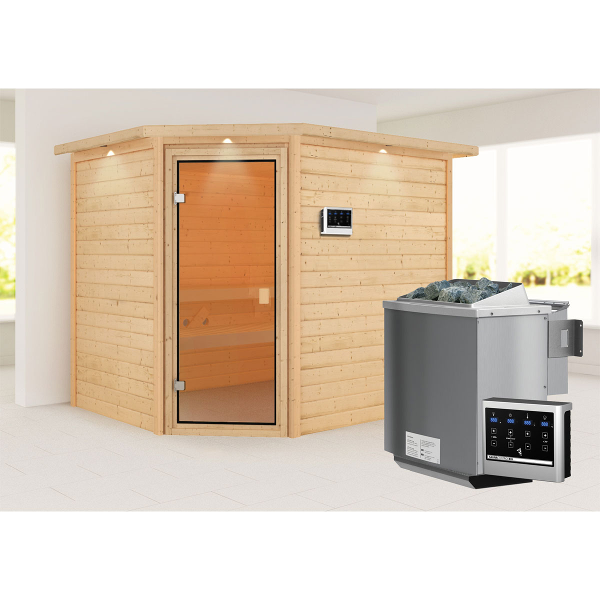 Sauna „Lisa“, mit bronzierter Tür und Kranz, naturbelassen, Bio externe Steuerung