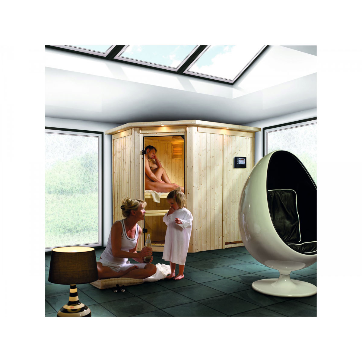 Karibu Systemsauna Saja 68 mm 3,6 kW Ofen integr Strg mit Dachkranz