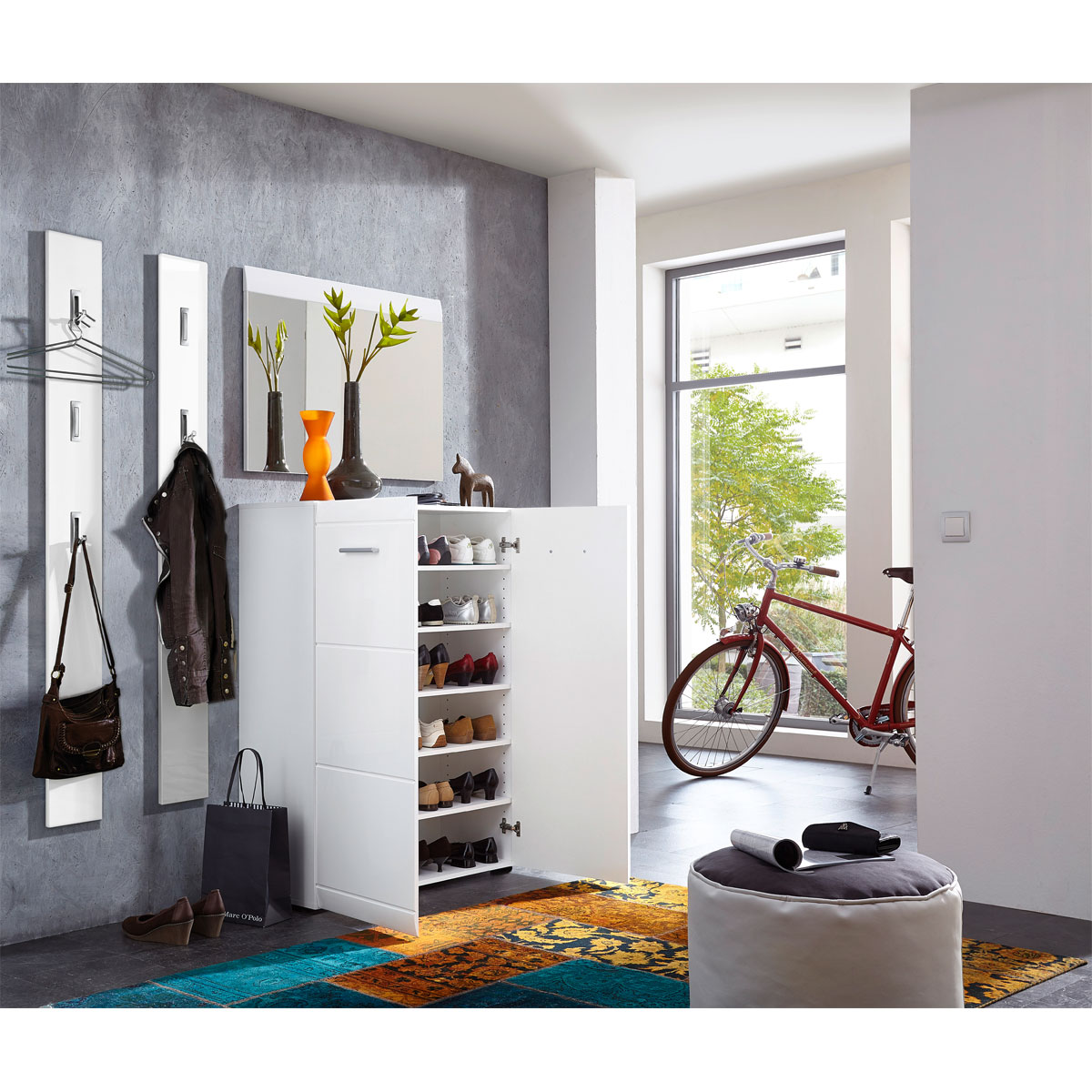 Schuhschrank Adison Fronten in Hochglanz mit Rillenfräsung 90 x 120 x 36 cm weiß Bild 5