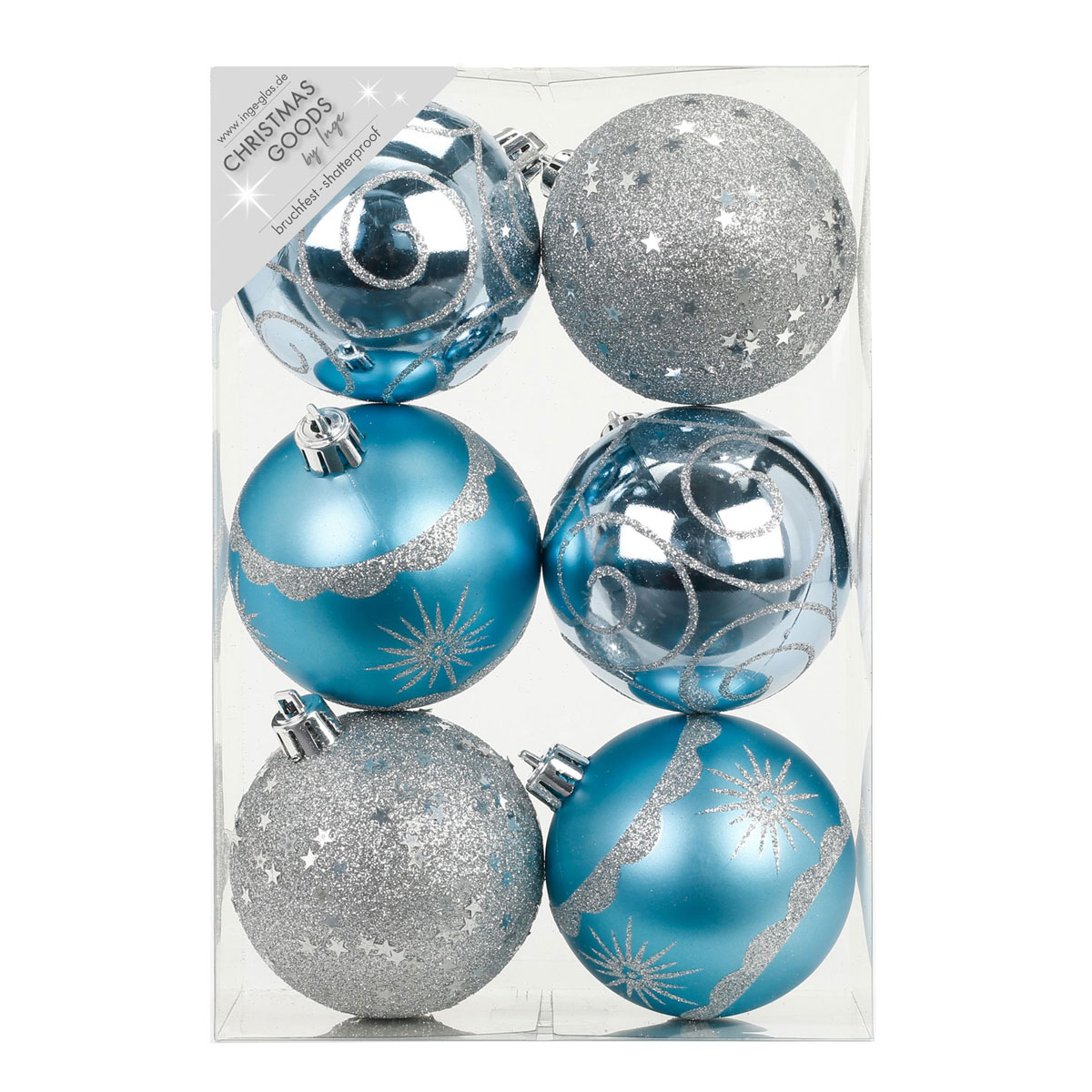 Dekorierte Kugel Kunststoff 8 cm 6 Stk Kunststoff Soft Blue-Mix