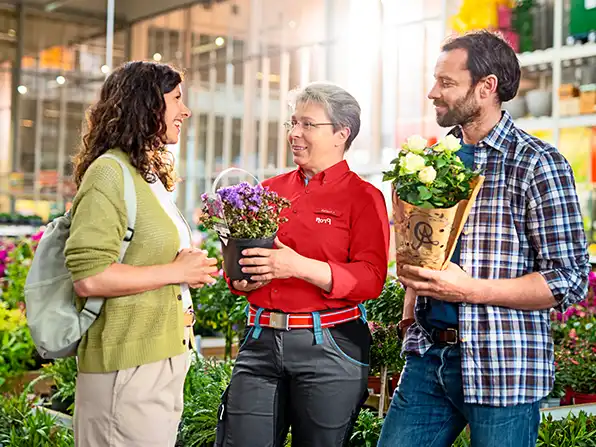 Profi berät ein Pärchen über Blumen 