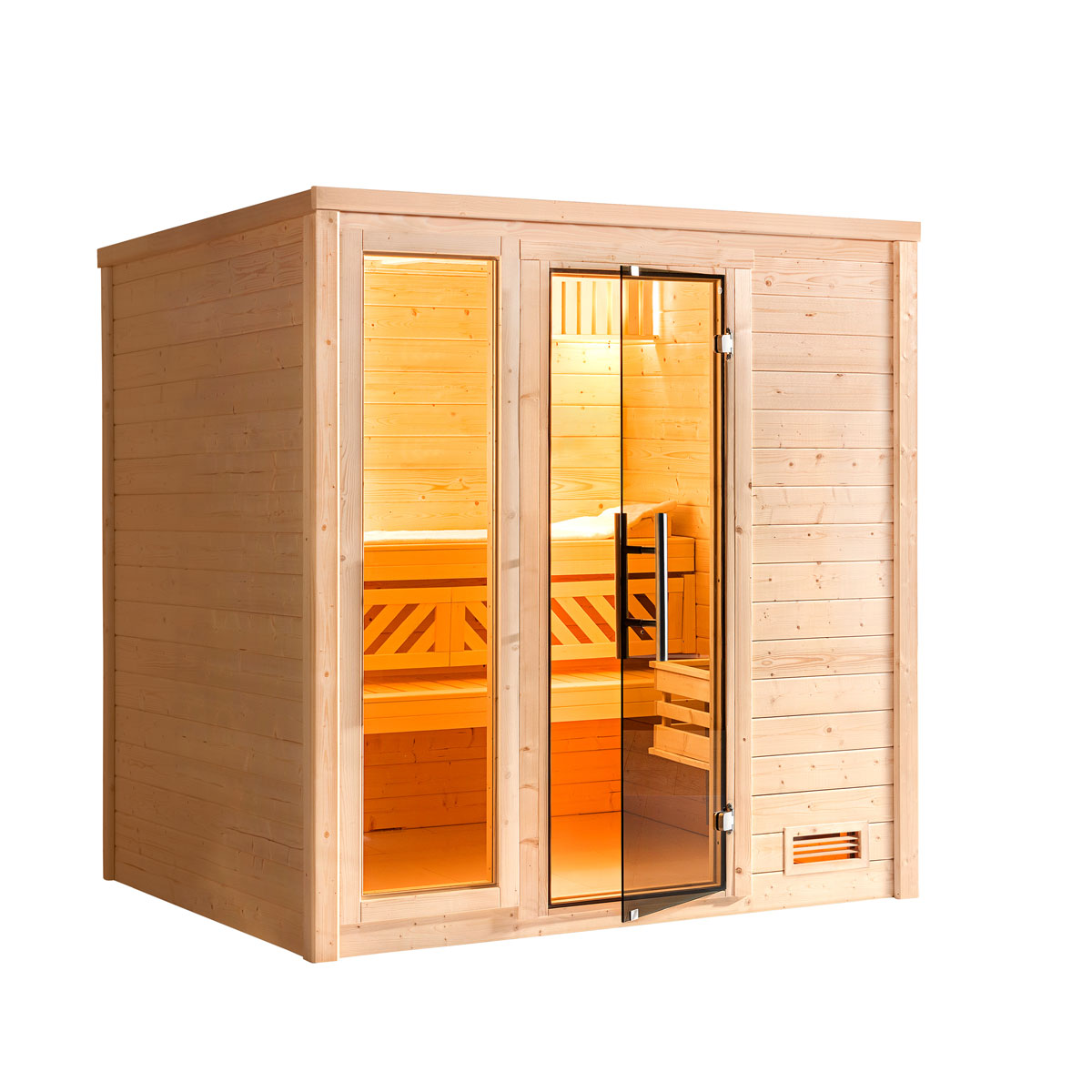 Weka  Premium Massivholz-Sauna Bergen Größe 2 Sparset 7,5 kW OS Glastuer