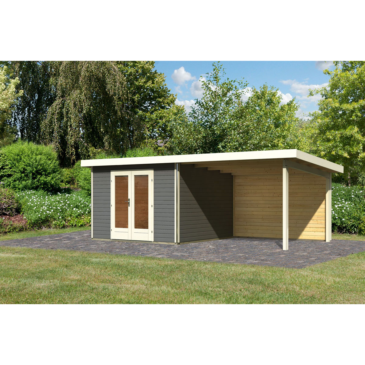 Karibu  Blockbohlenhaus Radeburg 1 terragrau mit Anbaudach und Rückwand