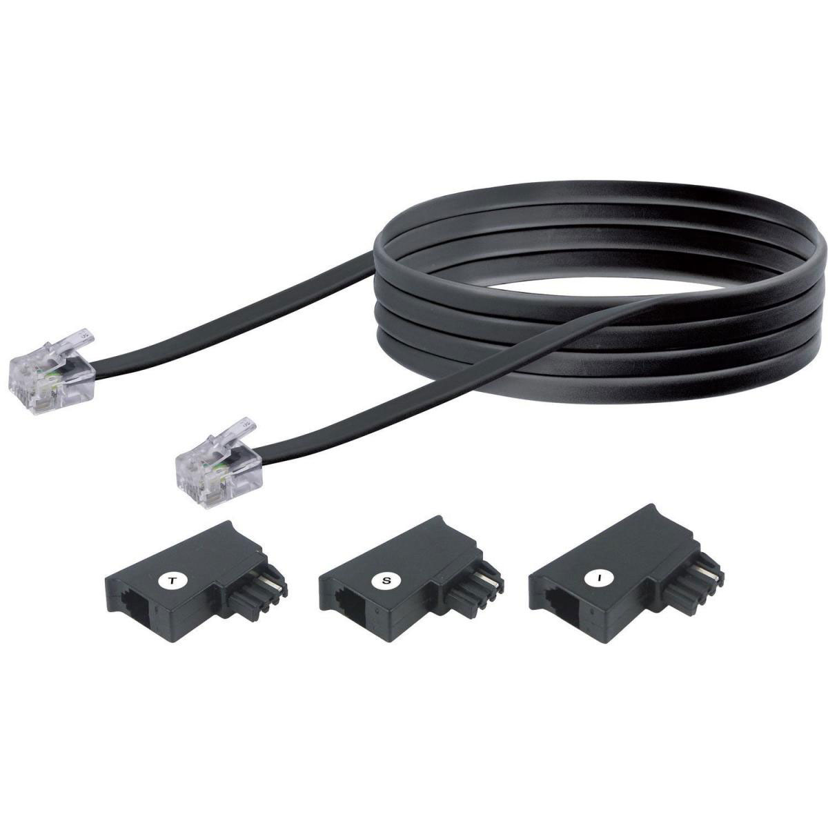 Schwaiger Telefon-Anschluss-Set 10 m schwarz mit 3 Adaptern