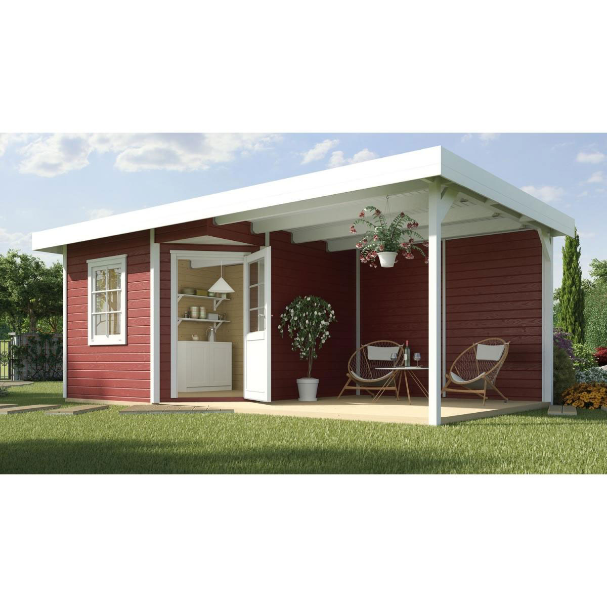 Weka Designhaus 213 B mit Anbau 300 cm 5-Eck 646 x 338 x 237 cm schwedenrot