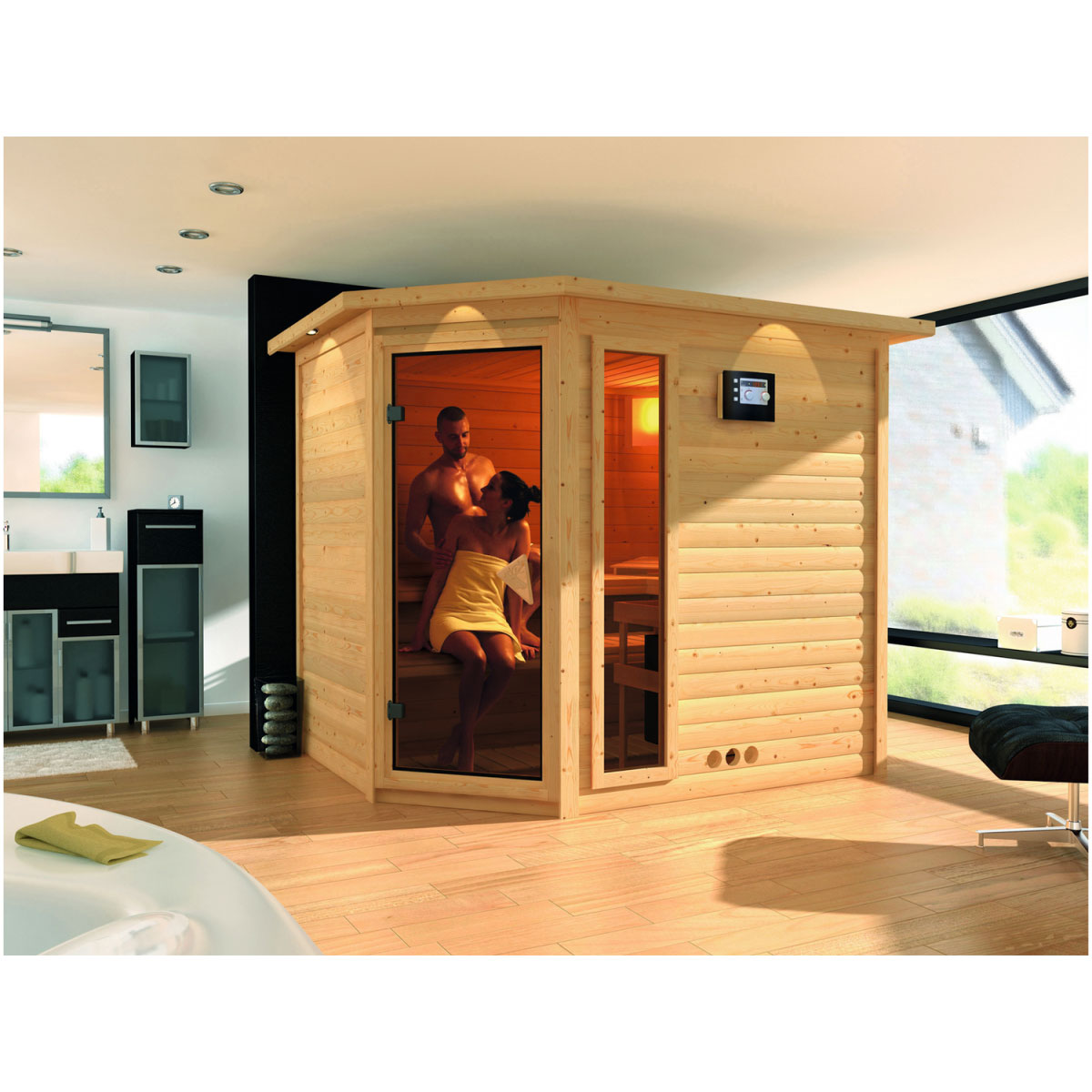 Karibu Massivholzsauna Tanami 40 mm 9 kW Ofen Bio externe Strg mit Kranz Bild 2