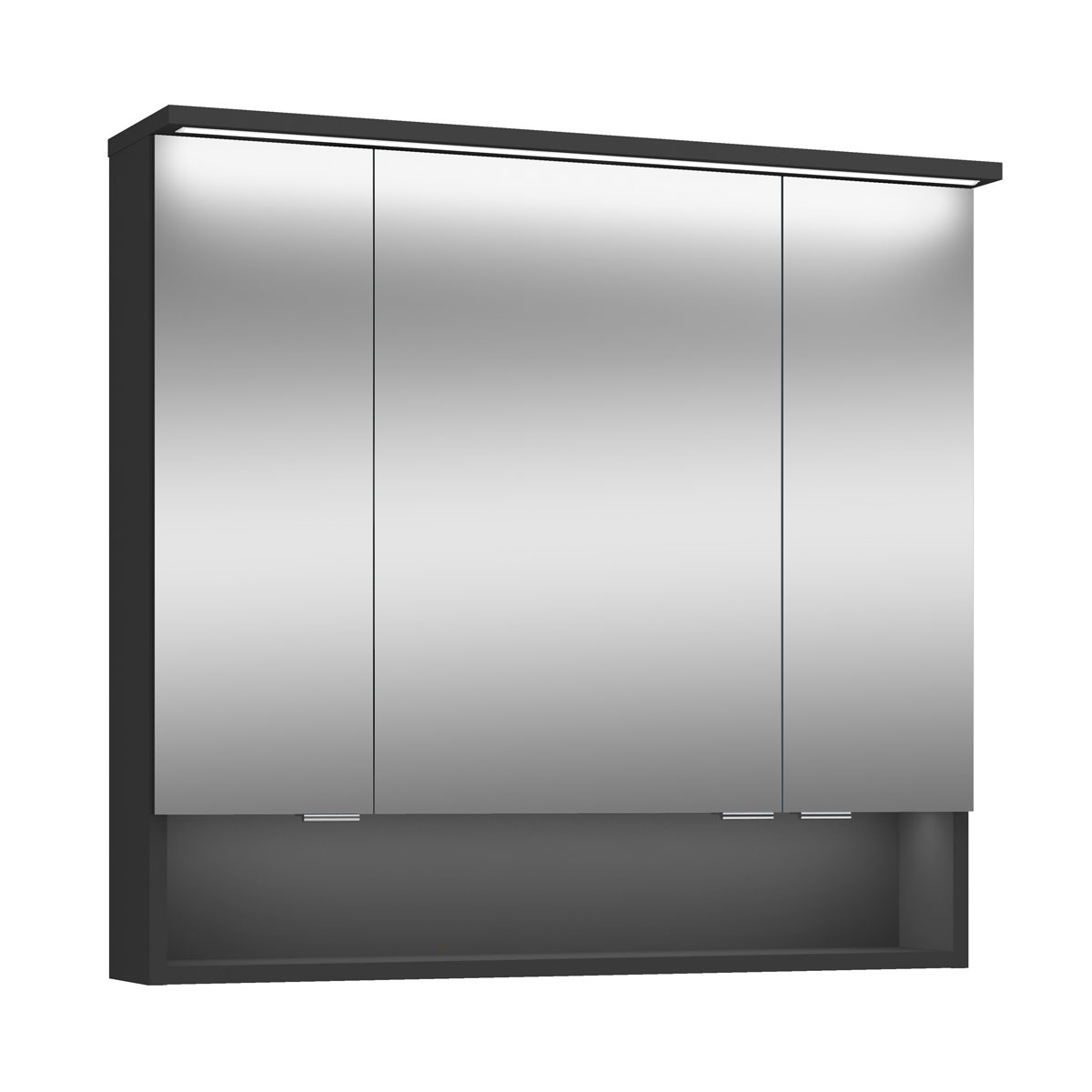 Spiegelschrank Amy, 80cm, schwarz matt, 3 Türen, 1 offenes Fach, LED-Kranz u. Unterbeleuchtung