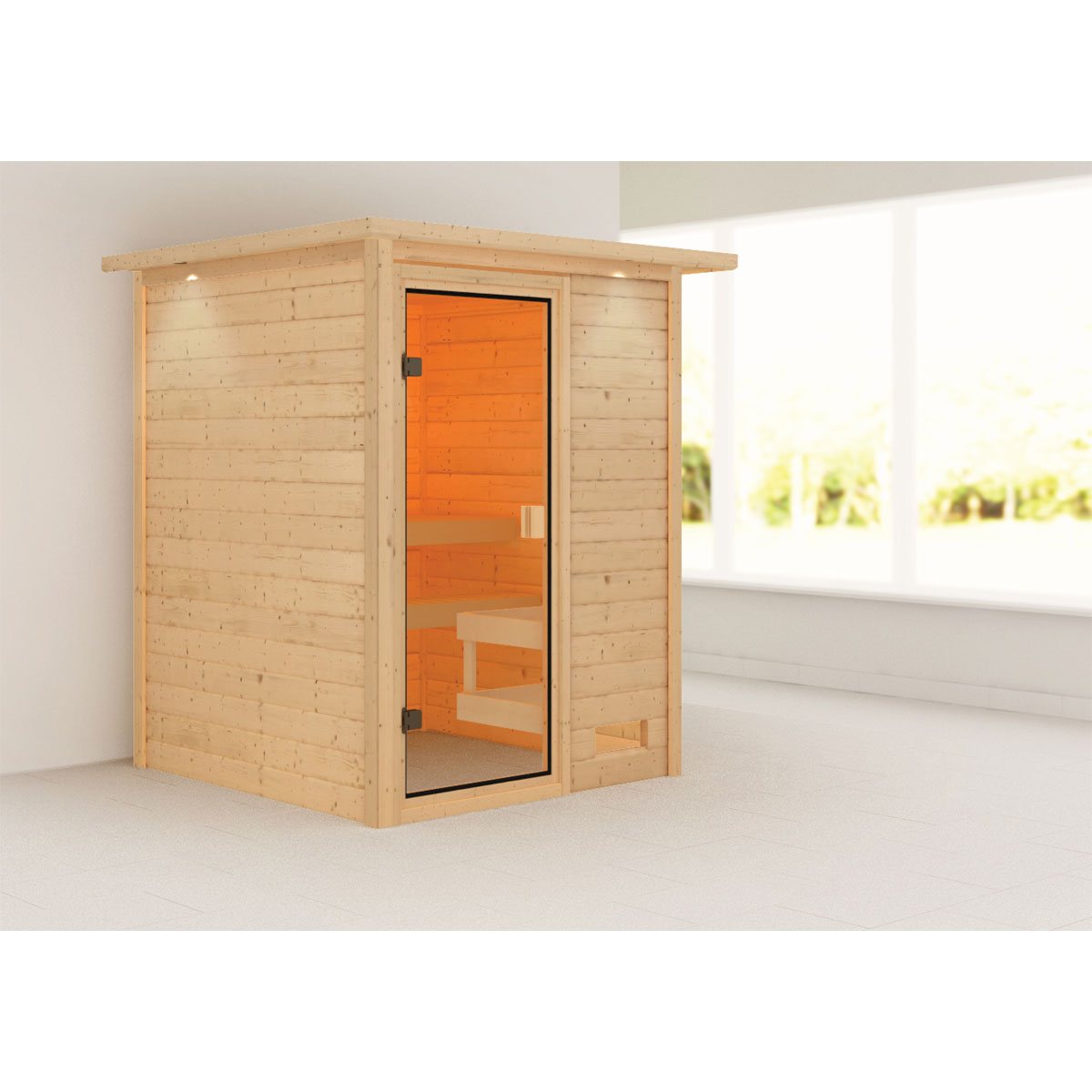 Karibu Sauna Sandra 3,6 kW mit Kranz naturbelassen ohne Ofen Bild 1
