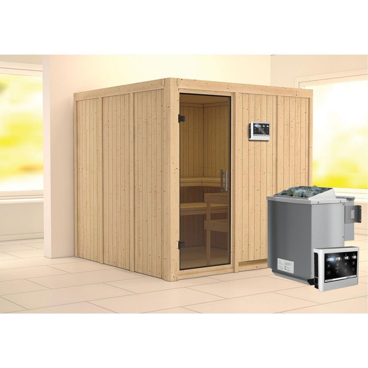 Karibu Sauna Rodin Fronteinstieg 9 kW Ofen Bio externe Strg Tür graphit ohne Kranz Bild 1