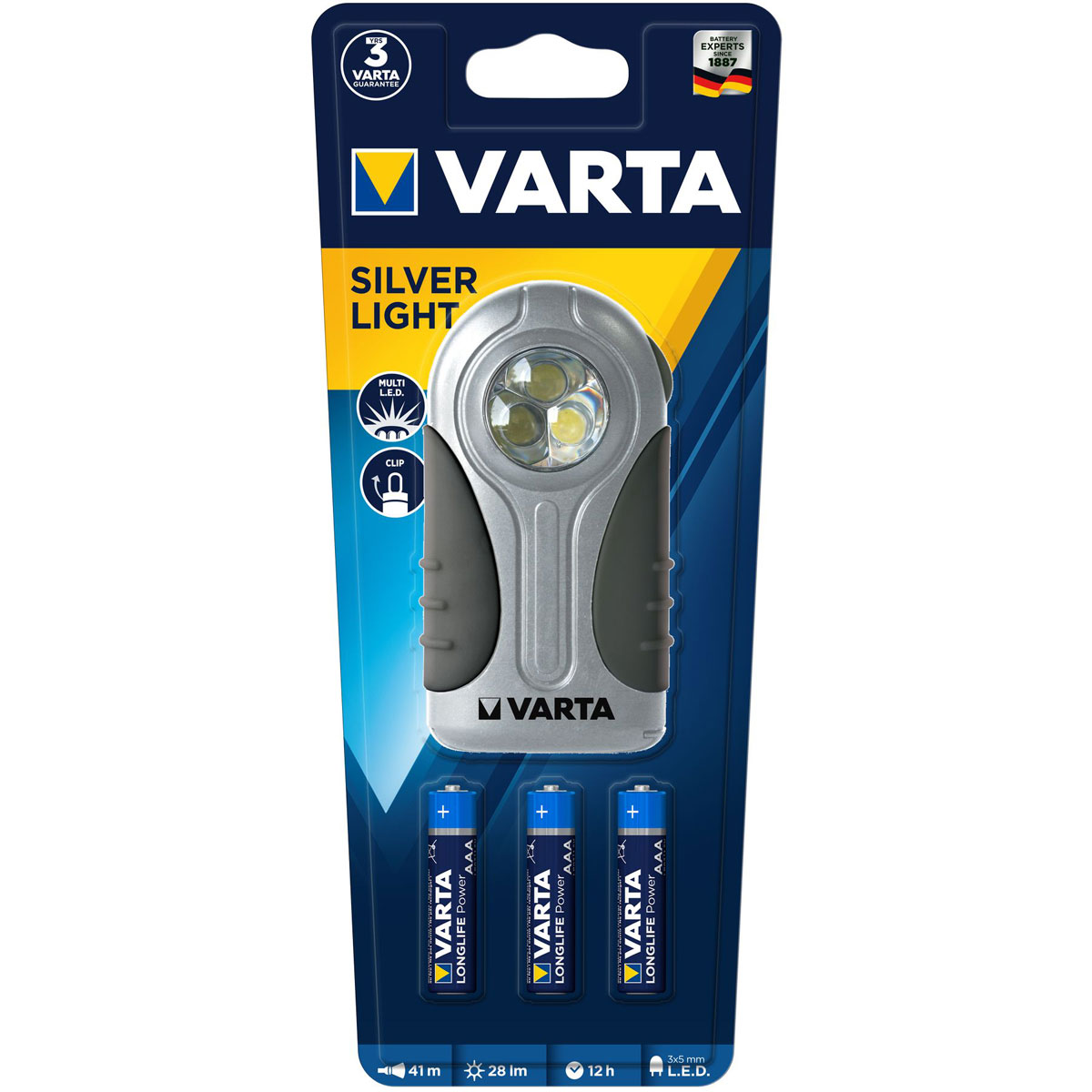 Varta LED-Taschenlampe Silver Light mit Batterien schwarz