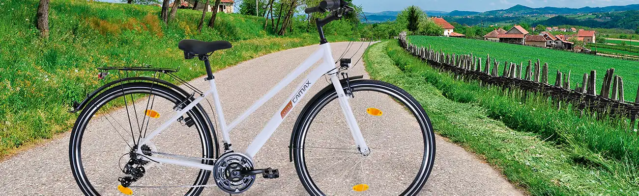 Ein weißes Fahrrad steht auf einem ländlichen Weg neben grünen Wiesen und Feldern.