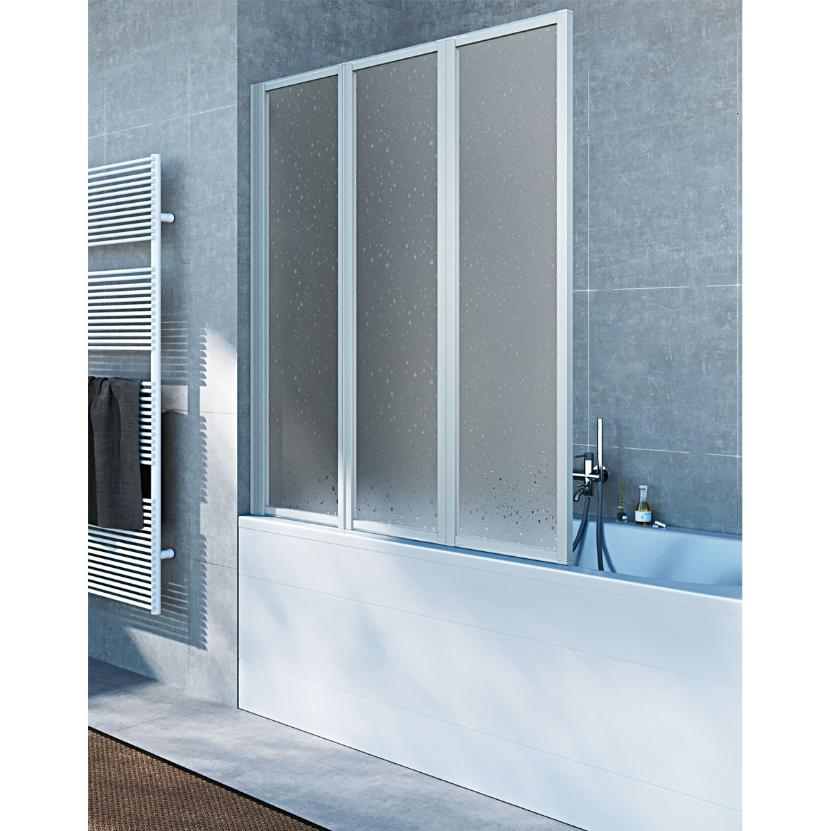 Badewannenfaltwand Mali 2 Dekor Tropfen 3 teilig silber