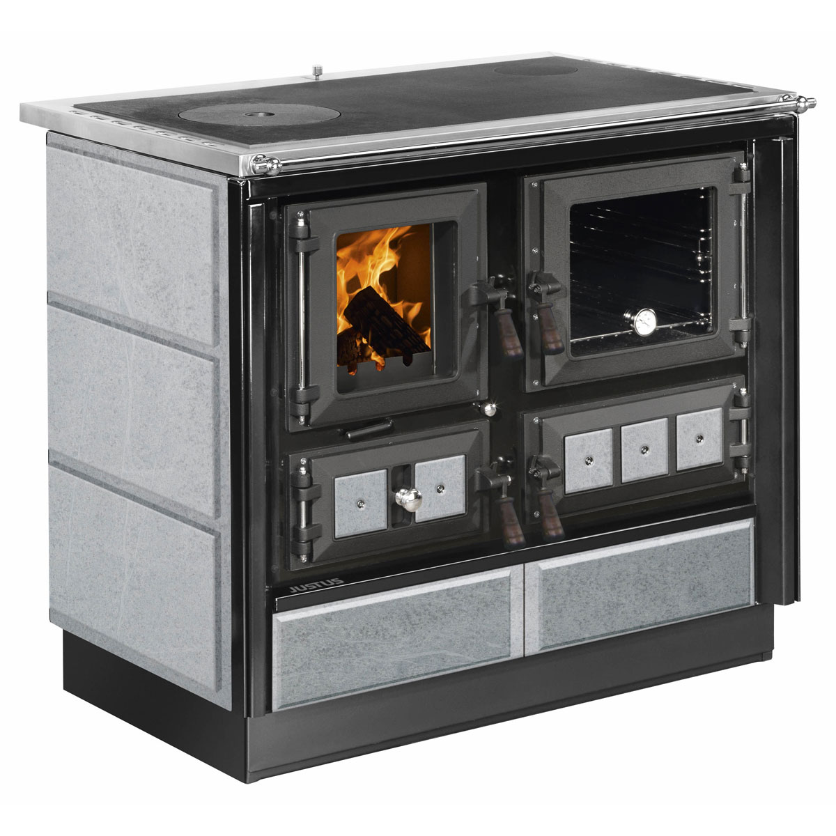 Justus Festbrennstoffherd Rustico schwarz Speckstein rechts