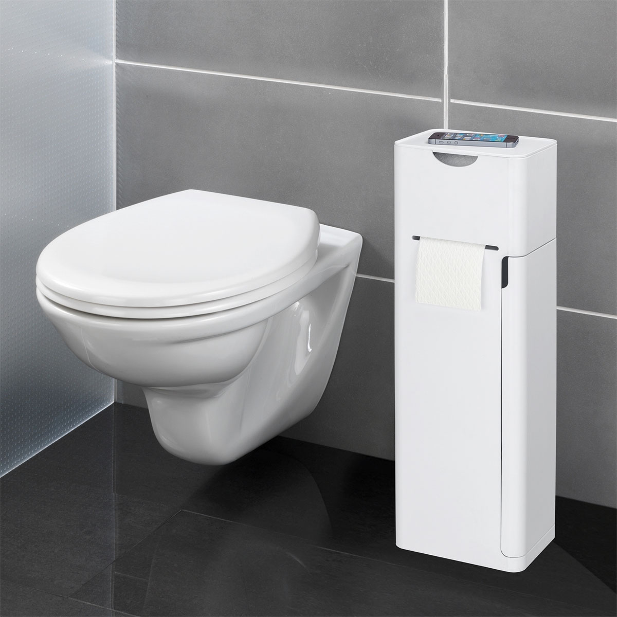 Wenko 6 in 1 Stand Weiß integrierter 514825 | Ablage WC-Garnitur matt Stauraumfächer Imon Toilettenpapierhalter WC-Bürstenhalter und Ersatzrollenhalter