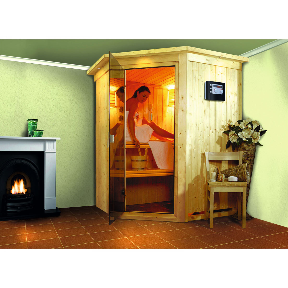 Karibu Systemsauna Nanja 68 mm 3,6 kW Ofen externe Strg modern mit Kranz