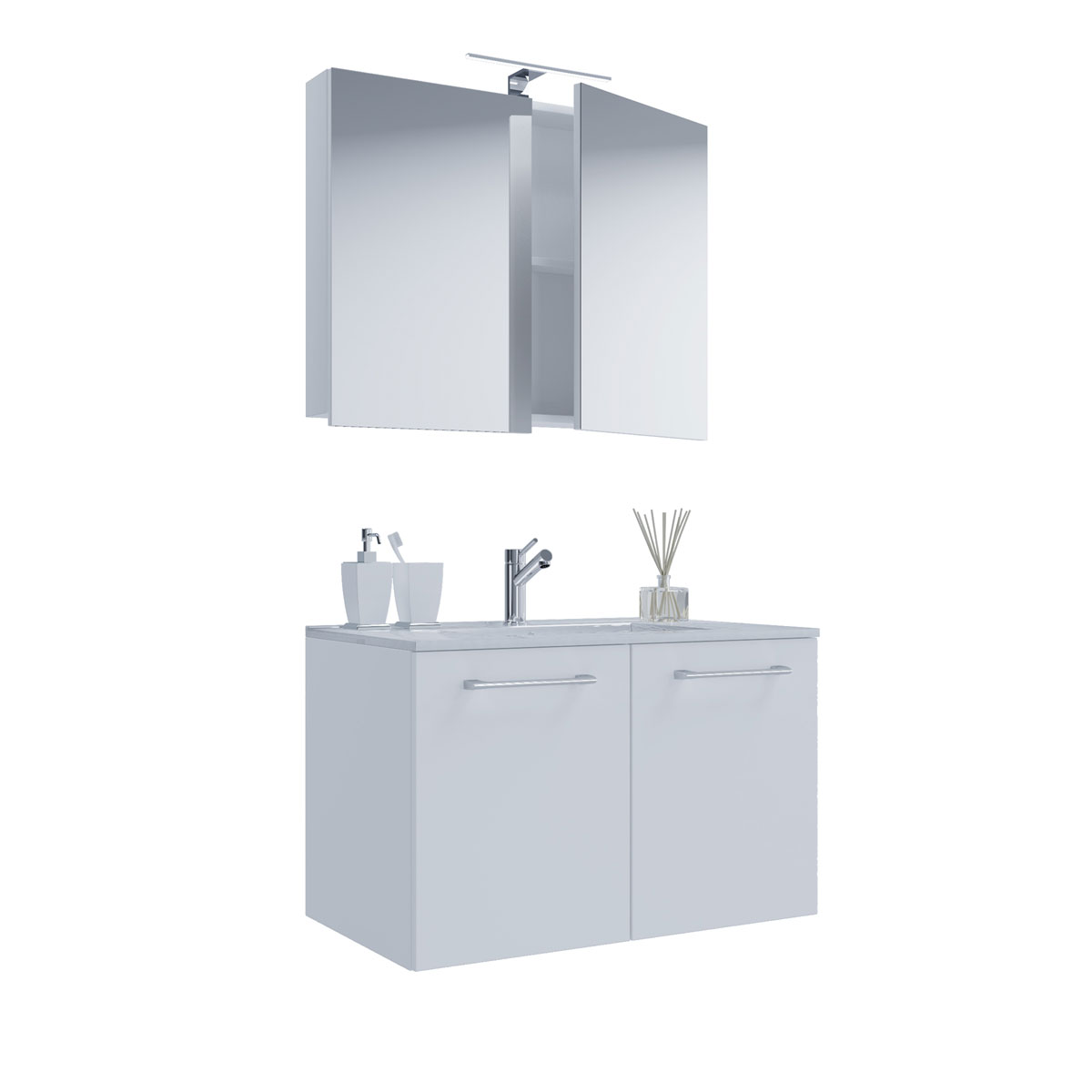 Waschplatz 60 cm 3-teilig 2 Türen mit Spiegelschrank weiß | weiß |  K000050529