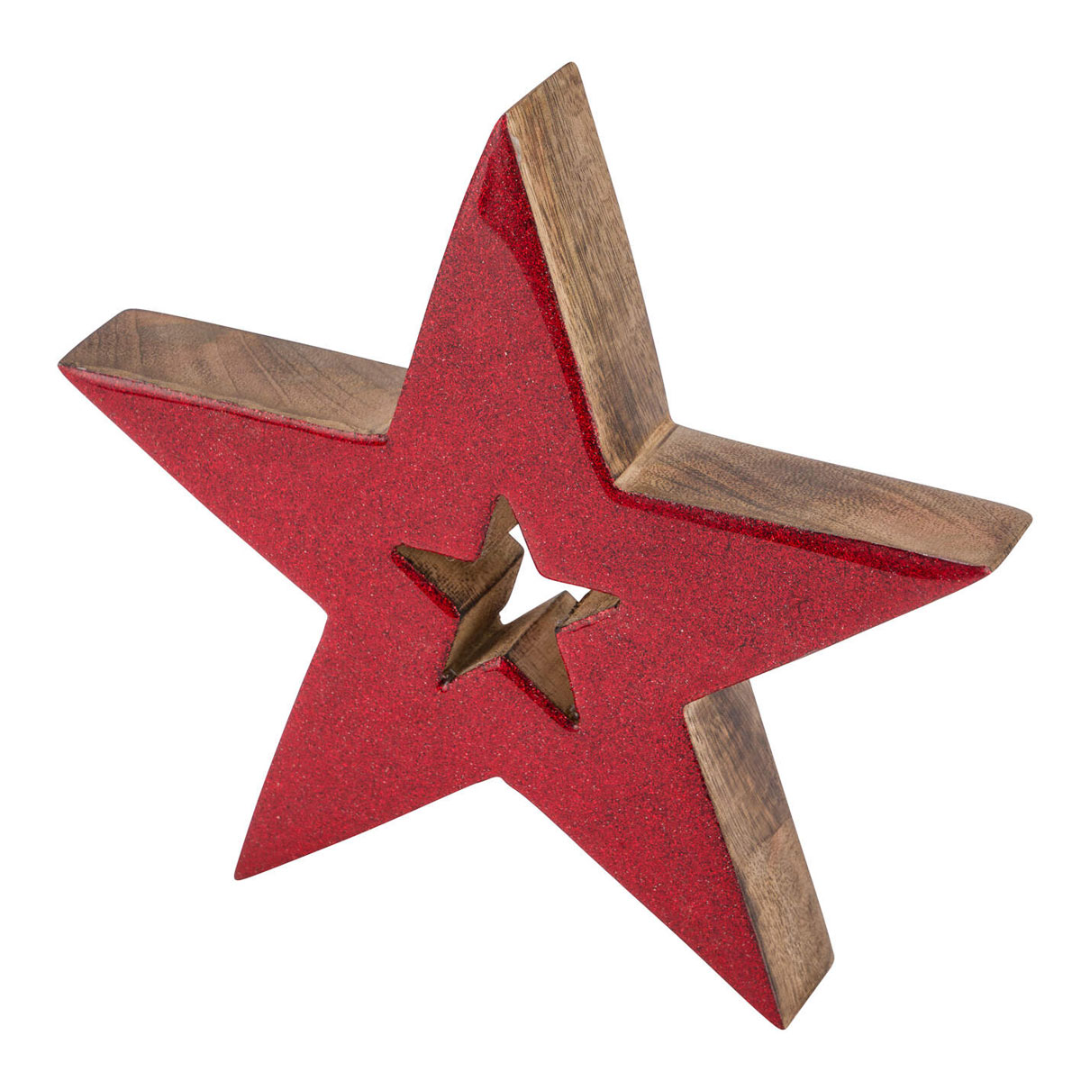 Mangoholzstern steh. natur rot Glitzer 22x22cm