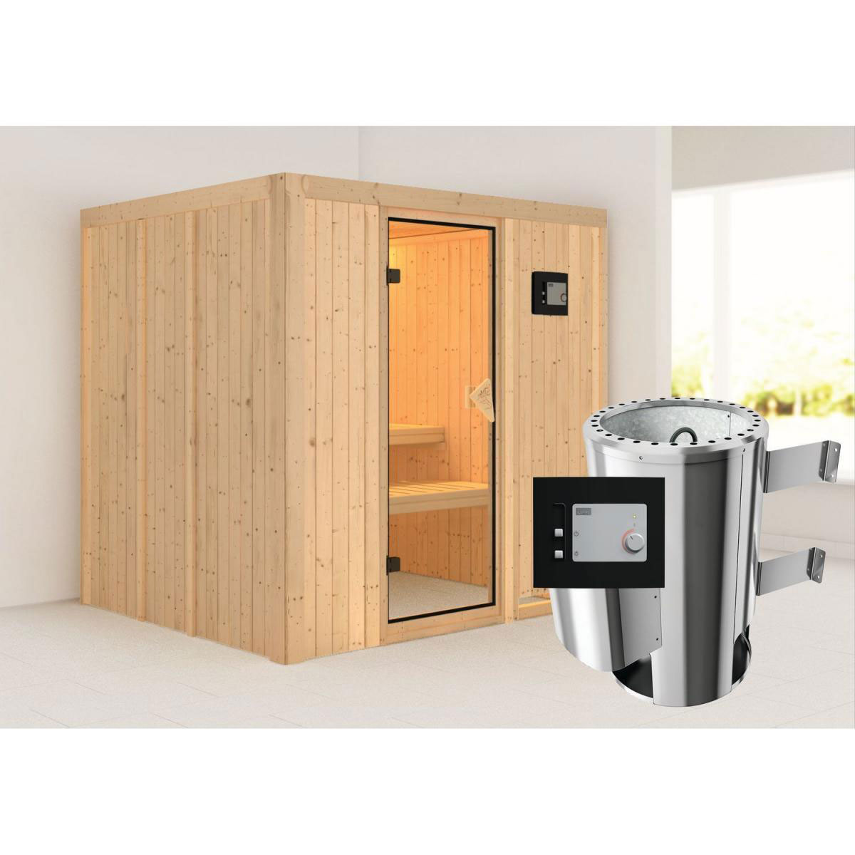 Karibu Systemsauna Daria 68 mm 3,6 kW Ofen externe Strg modern ohne Dachkranz Bild 1
