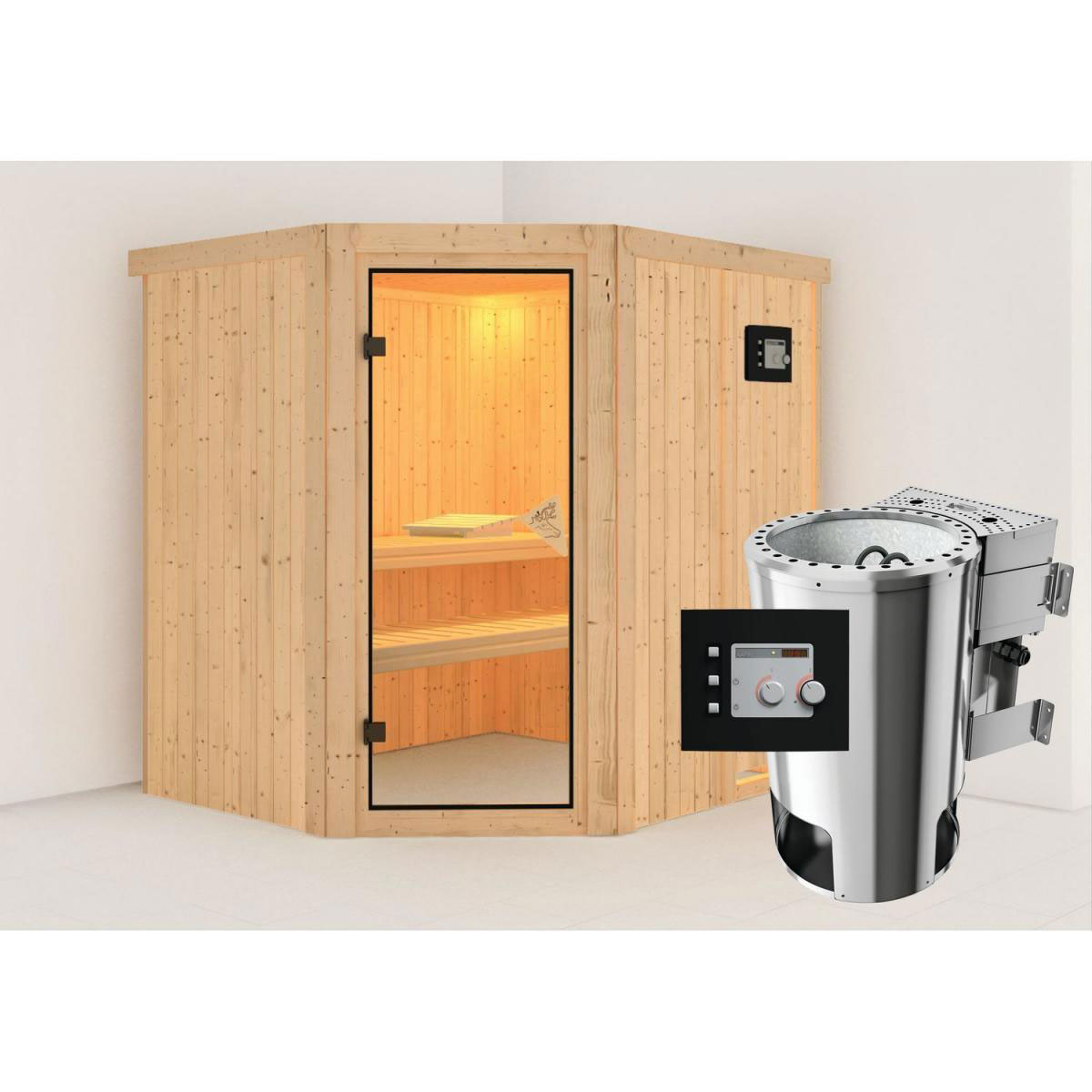 Karibu Systemsauna Lilja 68 mm 3,6 kW Ofen Bio externe Strg ohne Dachkranz Bild 1