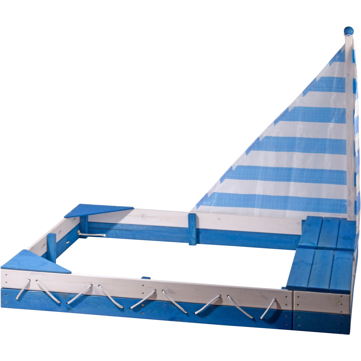 Sandkasten „Maritim“ mit Segel, 138,5x124x115,5 cm, weiß/ blau